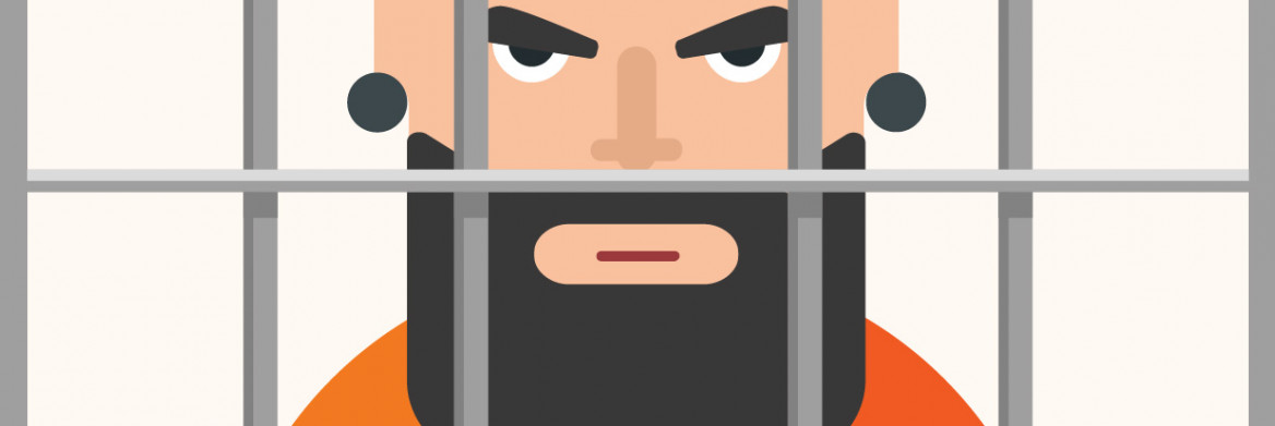 Caricature d'un criminel derrière les barreaux/posant pour un cliché anthropométrique.
