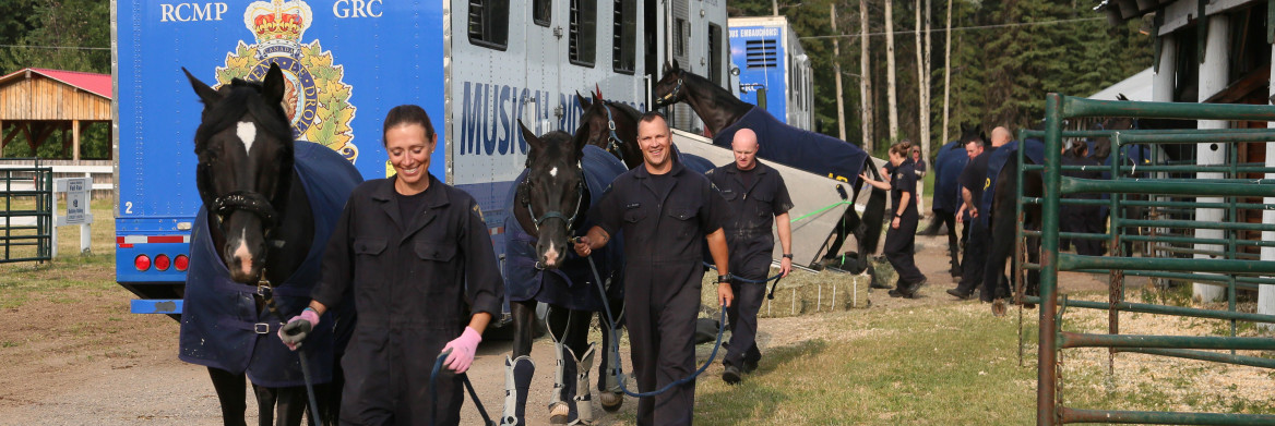A line of male and female officers wearing coveralls lead their horses toward a tractor trailer. 