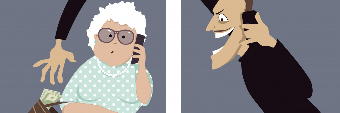 Image d'une femme âgée au cellulaire qui se fait voler de l'argent par un homme à l'air menaçant.