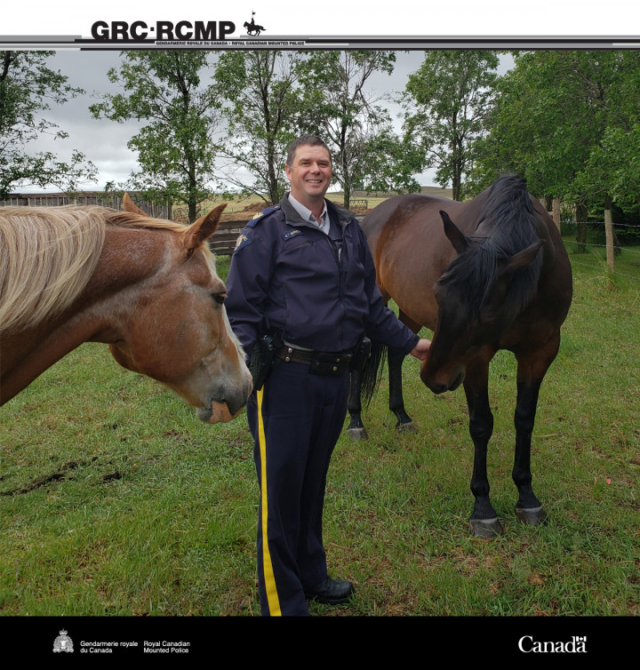 Le sergent Gary Bonneau, en uniforme, se tient debout avec deux chevaux