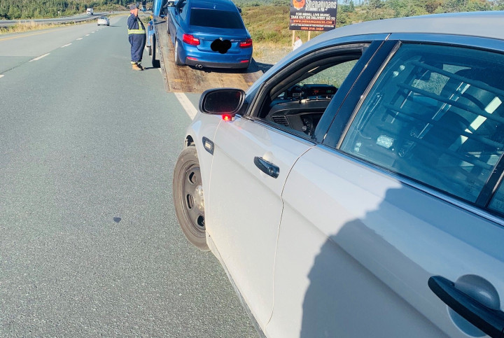 A BMW is impounded for excessive speeding during a joint traffic enforcement initiative by RCMP and RNC on October 6, 2020. 