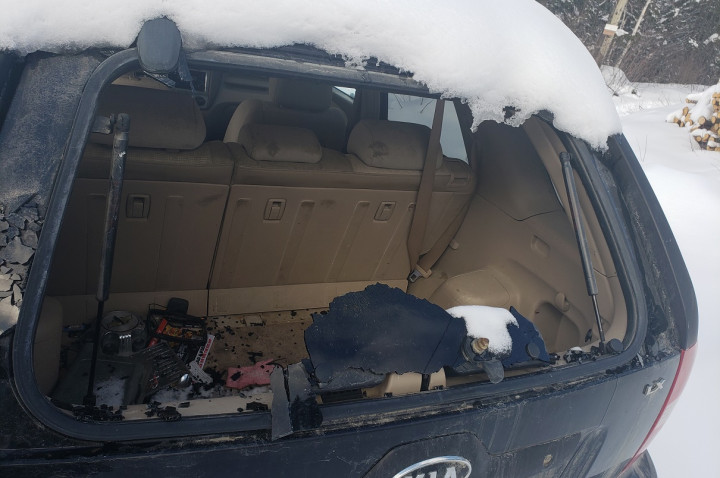 This Kia Sportage was damaged while parked on a cabin road along Route 320 near Dover between February 28-March 1, 2021.
