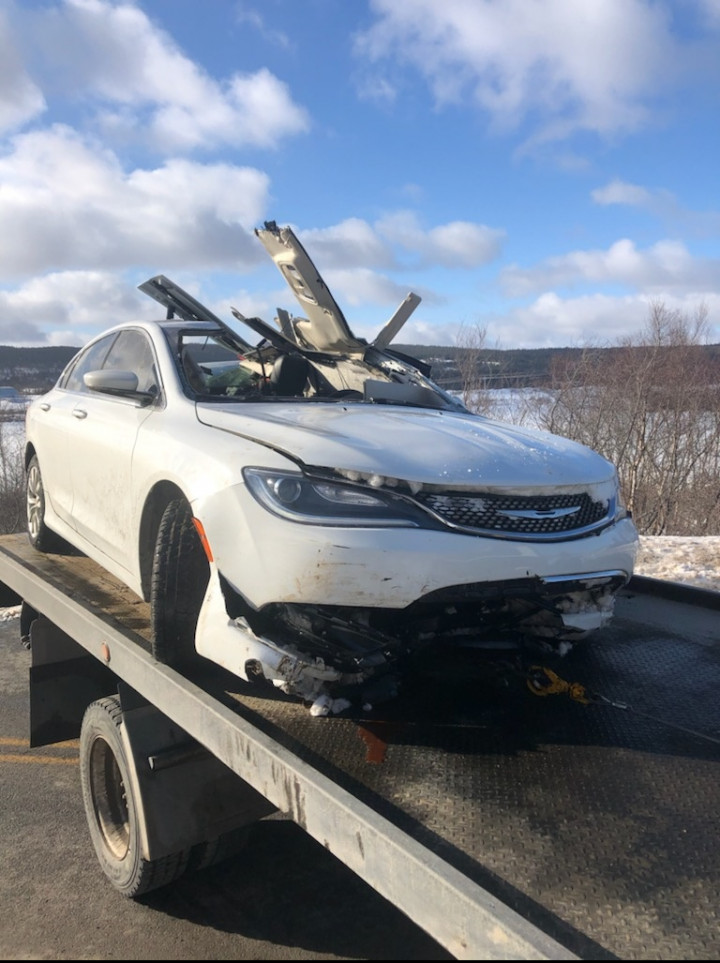 This car crashed on Route 70 in Tilton on March 1, 2021. Bay Roberts RCMP is continuing an impaired driving investigation.