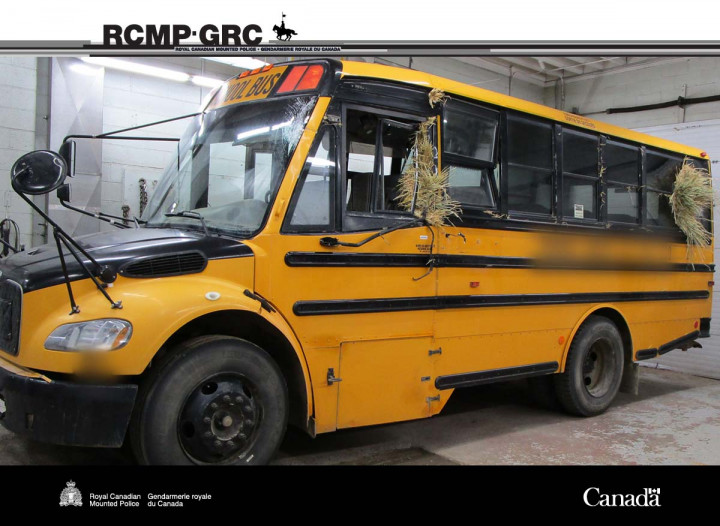Autobus scolaire jaune stationné avec du foin coincé dans les fenêtres