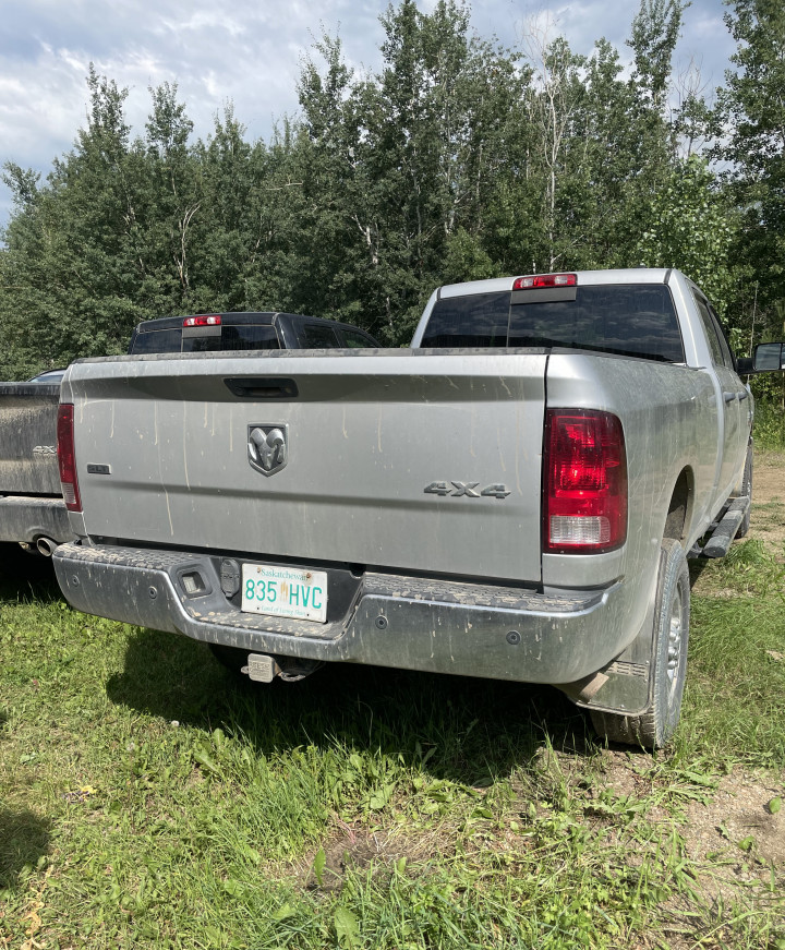 A grey Dodge Ram 3500 – Saskatchewan plate 835 HVC
