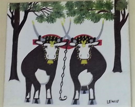 Painting of two bulls with trees in background