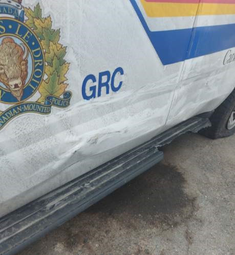 This RCMP patrol vehicle was damaged after it was struck by a car attempting to flee from police in Chapel's Cove on December 19, 2021.