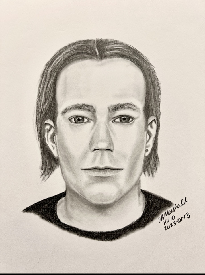 Suspect sketch: He is described as a tall, clean-shaven Caucasian male in his 20s with dirty blonde or brown hair. He has a tattoo on his left arm, possible on the inner bicep. He has his left ear pierced.
