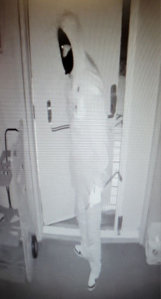 Un individu masqué entre par une porte avec un pied de biche à la main.
