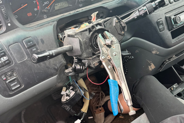 During the traffic stop, the officer observed that the vehicle had no steering wheel. The driver was using vise grips to guide the vehicle. 