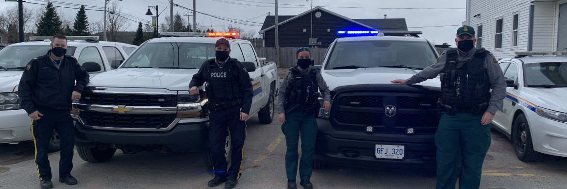 Une série d'autopatrouilles de la GRC et de Parcs Canada stationnées devant une rangée de conifères. Un agent de la GRC et un gardien de Parcs Canada appuyés au capot de leur véhicule respectif.