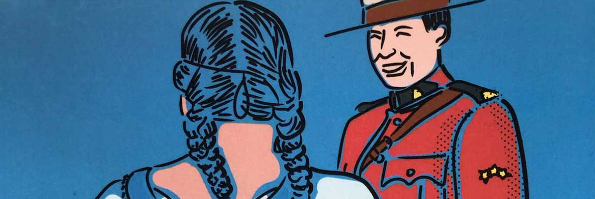 Une illustration avec un arrière-plan en bleu où l'on peut voir une femme avec des tresses s'adresser à un agent de la GRC en tunique rouge.